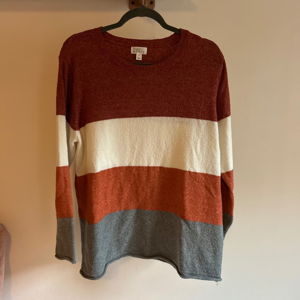 Market & Spruce Womens 1X Colorblock Striped Crewneck Sweater Rust Cream Grey